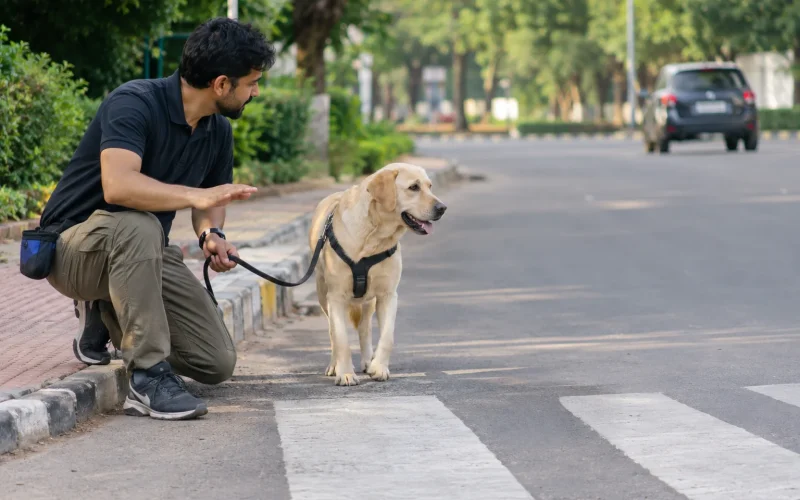 teaching dog to cross road
